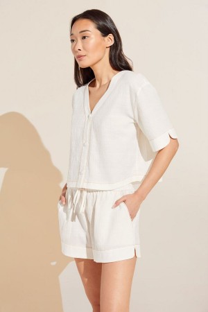 Women Eberjey Crinkle Woven Short Sleeve Top & Short Set Pajamas White | KIL9211SY