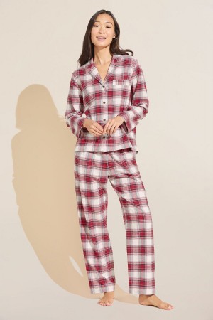 Women Eberjey Flannel Long PJ Set Pajamas Red White | YID5914FE