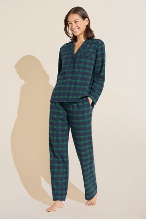 Women Eberjey Flannel Long PJ Set Pajamas Navy Green | QGM728XH