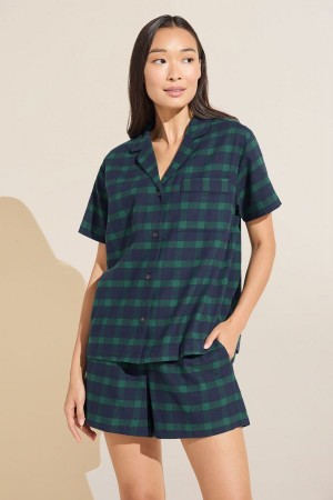 Women Eberjey Flannel Short PJ Set Pajamas Navy Green | KBN1496XN