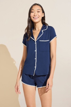 Women Eberjey Frida TENCEL™ Modal Shortie Short PJ Set Pajamas Navy White | WGF652NQ