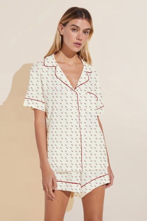 Women Eberjey Gisele Printed TENCEL™ Modal Relaxed Short PJ Set Pajamas White Red | YDJ364CE