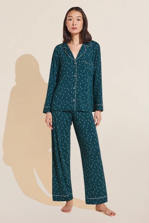 Women Eberjey Gisele Printed TENCEL™ Modal Long PJ Set Pajamas Dark Green White | WZS6878PC