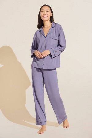 Women Eberjey Gisele TENCEL™ Modal Long PJ Set Pajamas Purple Blue | OJH896IR