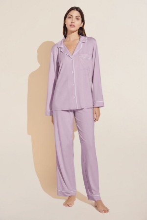 Women Eberjey Gisele TENCEL™ Modal Long PJ Set Pajamas Purple White | IWD120RV