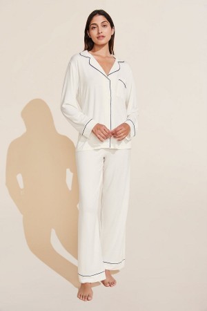 Women Eberjey Gisele TENCEL™ Modal Long PJ Set Pajamas White Navy | UBZ1471CX