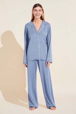 Women Eberjey Gisele TENCEL™ Modal Long PJ Set Pajamas Blue White | PBS2798ZJ