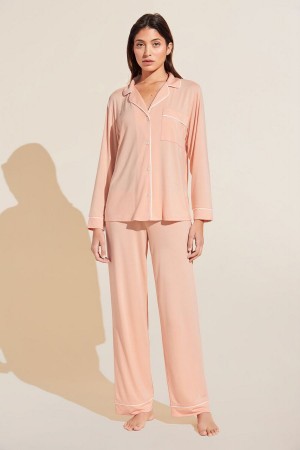 Women Eberjey Gisele TENCEL Modal Long PJ Set Pajamas Coral White | NWZ2739FR