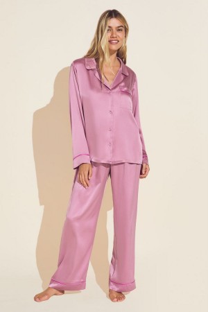 Women Eberjey Inez Washable Silk Long PJ Set Pajamas Italian Rose Pink | JRE6253NS