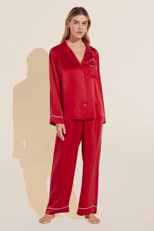 Women Eberjey Inez Washable Silk Long PJ Set Pajamas Red White | KXM8174FJ