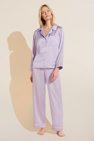 Women Eberjey Inez Washable Silk Long PJ Set Pajamas Purple White | AHK5188AP