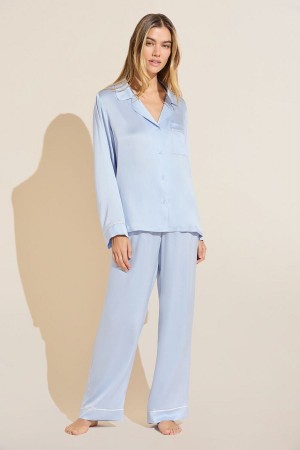 Women Eberjey Inez Washable Silk Long PJ Set Pajamas Blue | XWD3215DO