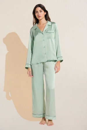 Women Eberjey Inez Washable Silk Long PJ Set Pajamas Green | PMG7399NN