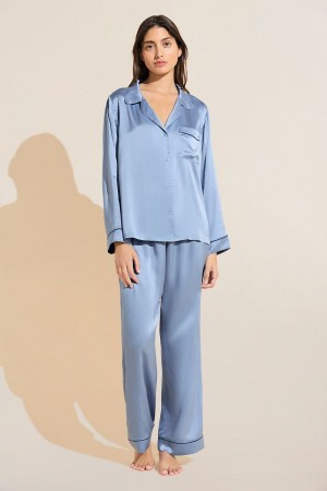 Women Eberjey Inez Washable Silk Long PJ Set Pajamas Blue Navy | HKJ2047AH