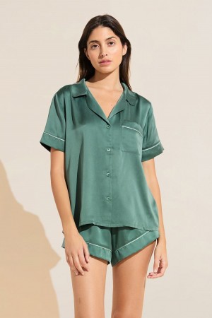 Women Eberjey Inez Washable Silk Short PJ Set Pajamas Dark Green | YBG1646UL