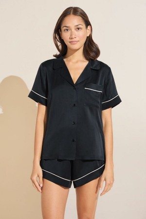 Women Eberjey Inez Washable Silk Short PJ Set Pajamas Black | BXD5378UF