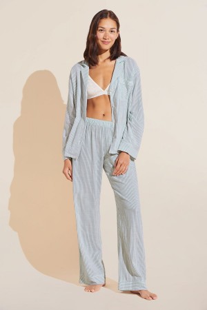 Women Eberjey Nautico Long PJ Set Pajamas White Green | OHX6362QI