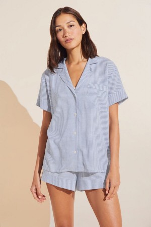 Women Eberjey Nautico Shortie Short PJ Set Pajamas Blue White | BXH5443VE