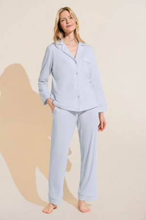 Women Eberjey Organic Pima Cotton Notch Collar Top & Pant PJ Set Pajamas Blue | JSI3350QN