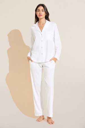 Women Eberjey Organic Pima Cotton Notch Collar Top & Pant PJ Set Pajamas White | NCF5985GL