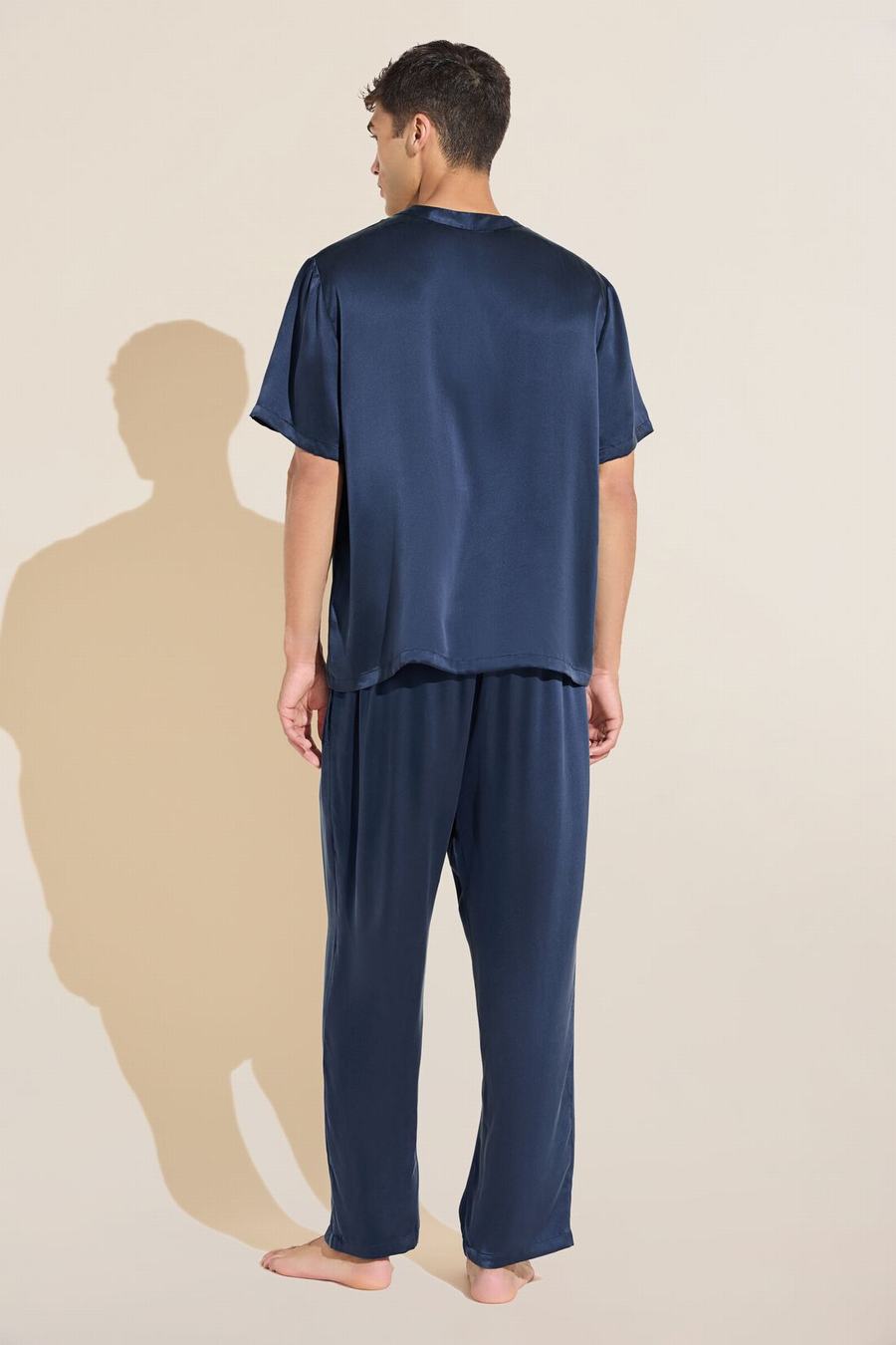 Men Eberjey Charles Washable Silk Short Sleeve & Pant PJ Set Pajamas Navy | LQB919AX