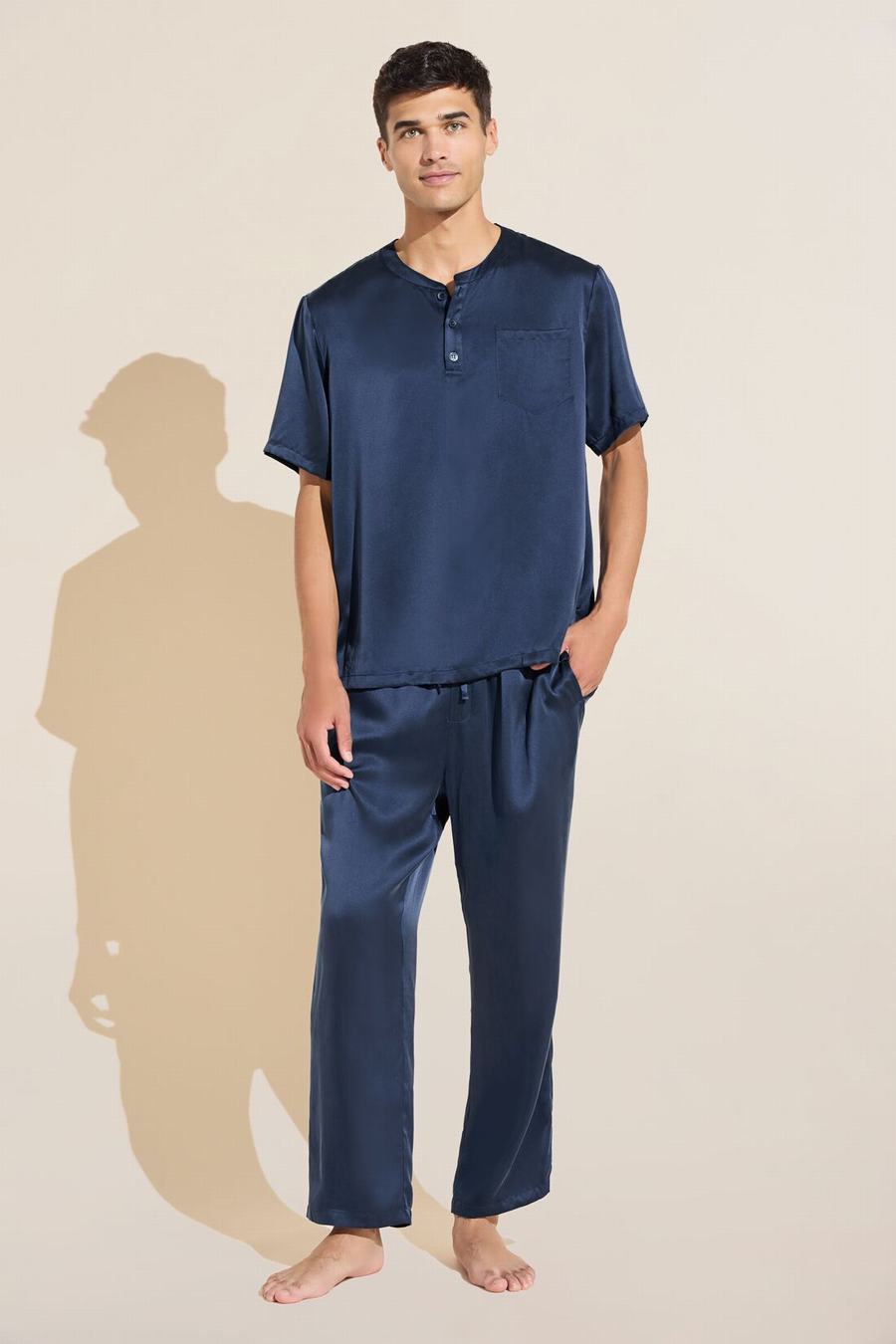 Men Eberjey Charles Washable Silk Short Sleeve & Pant PJ Set Pajamas Navy | LQB919AX