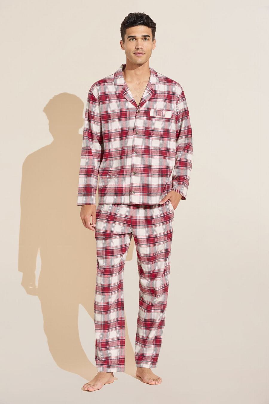 Men Eberjey Flannel Long PJ Set Pajamas Red White | NON5380LL