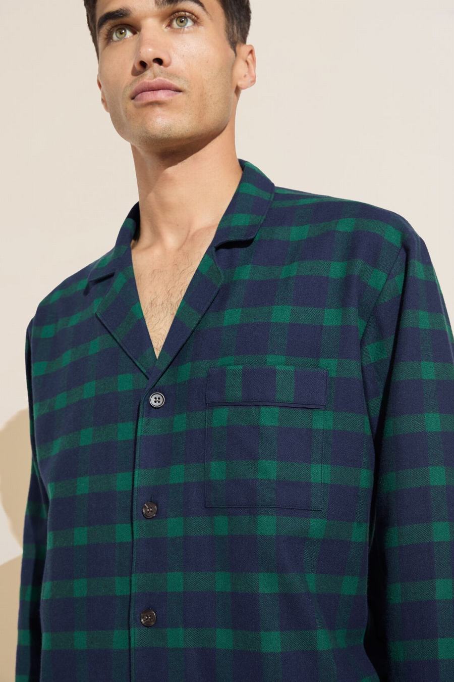 Men Eberjey Flannel Long PJ Set Pajamas Navy Green | UPA937SR