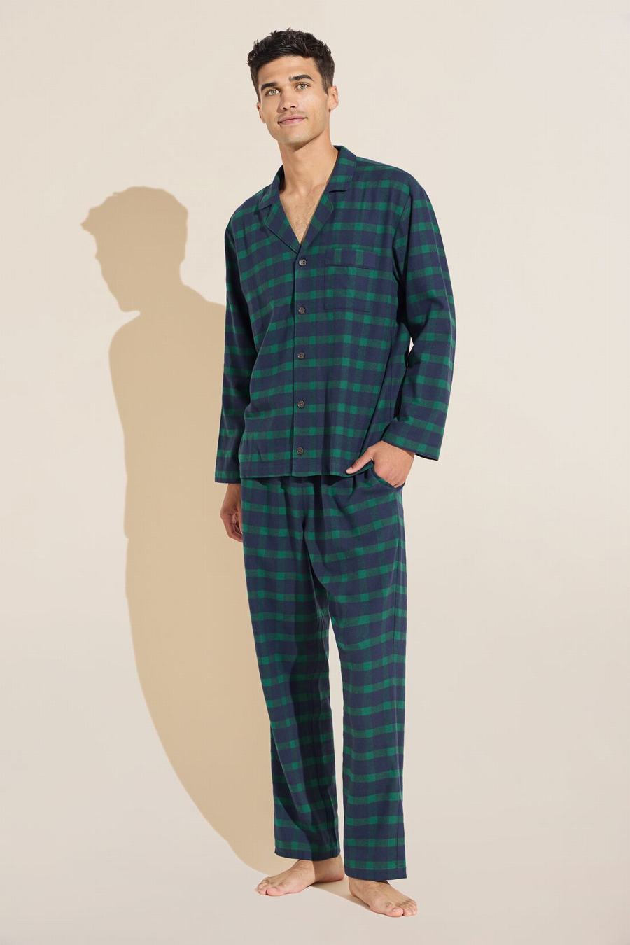 Men Eberjey Flannel Long PJ Set Pajamas Navy Green | UPA937SR