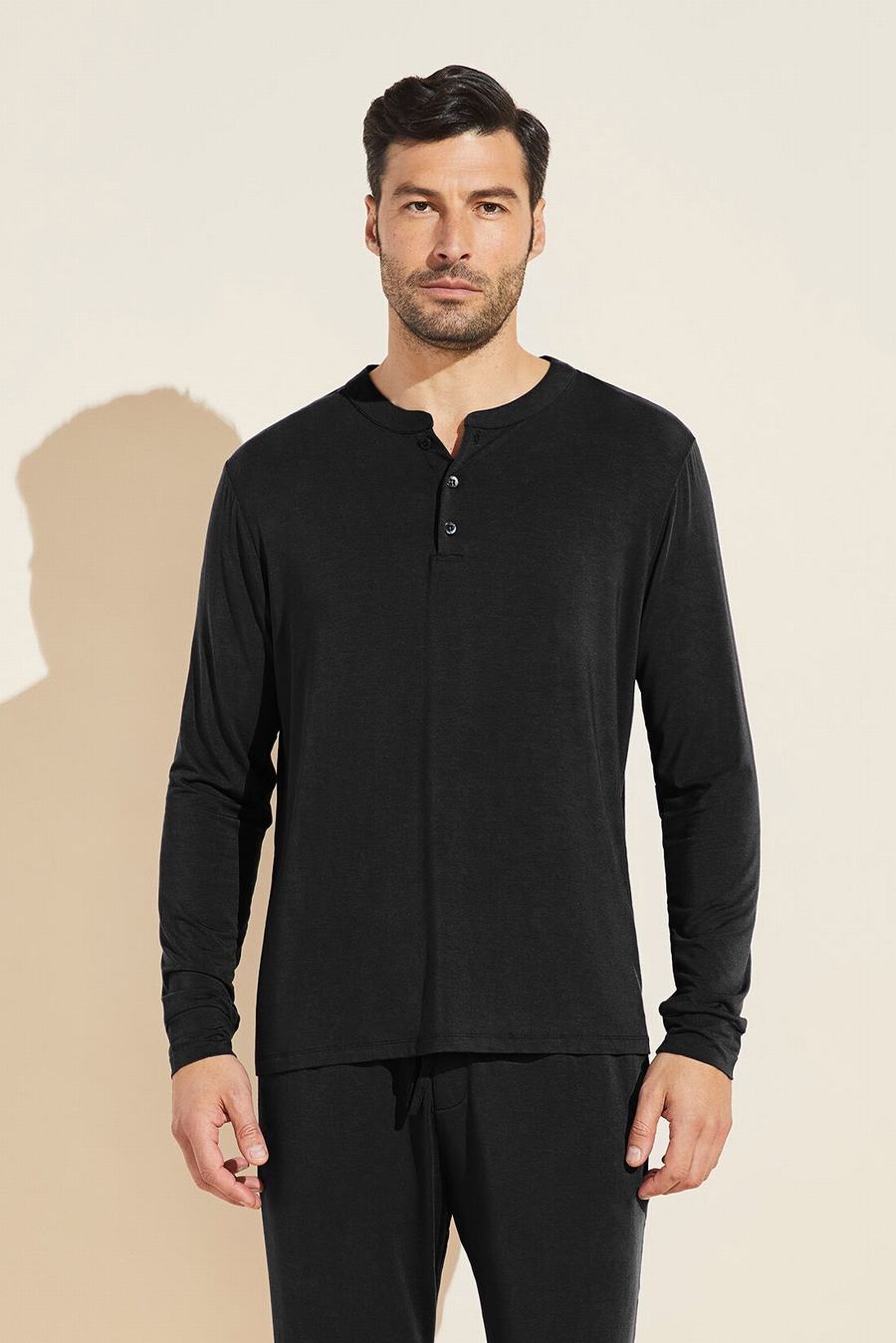 Men Eberjey Henry TENCEL™ Modal Long Sleeve Henley Tops Black | JLX230RA