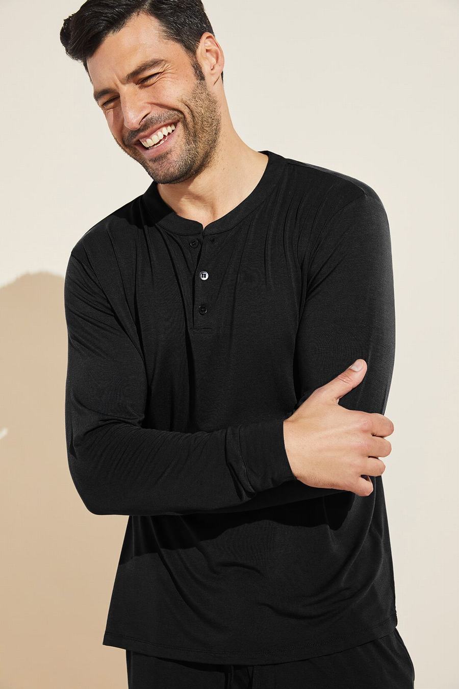 Men Eberjey Henry TENCEL™ Modal Long Sleeve Henley Tops Black | JLX230RA