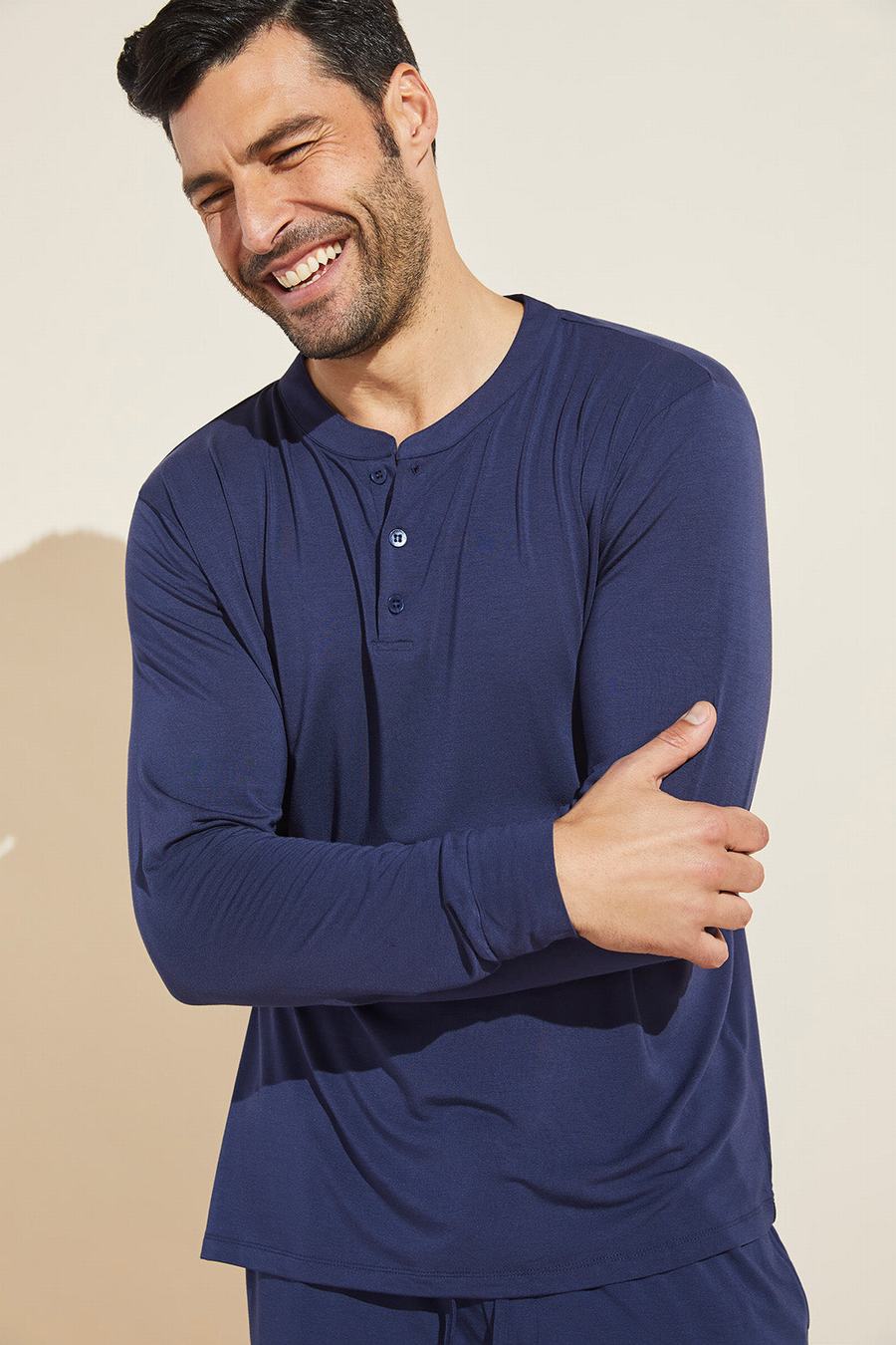 Men Eberjey Henry TENCEL™ Modal Long Sleeve Henley Tops Navy | XZZ9092WD