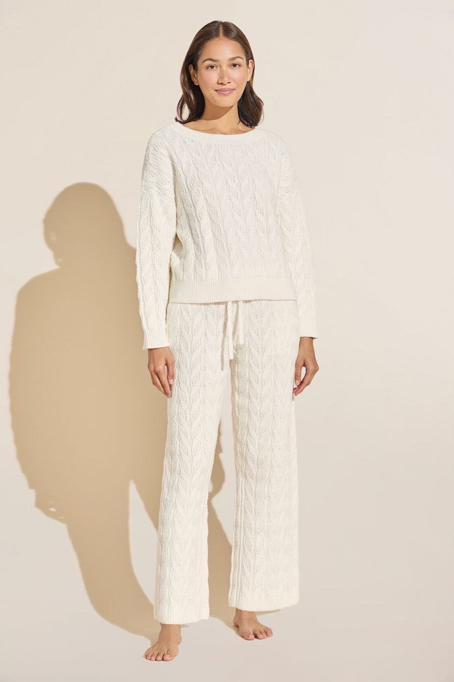 Women Eberjey Cable Knit Recycled Sweater Straight Leg Pants White | KCZ7077NS