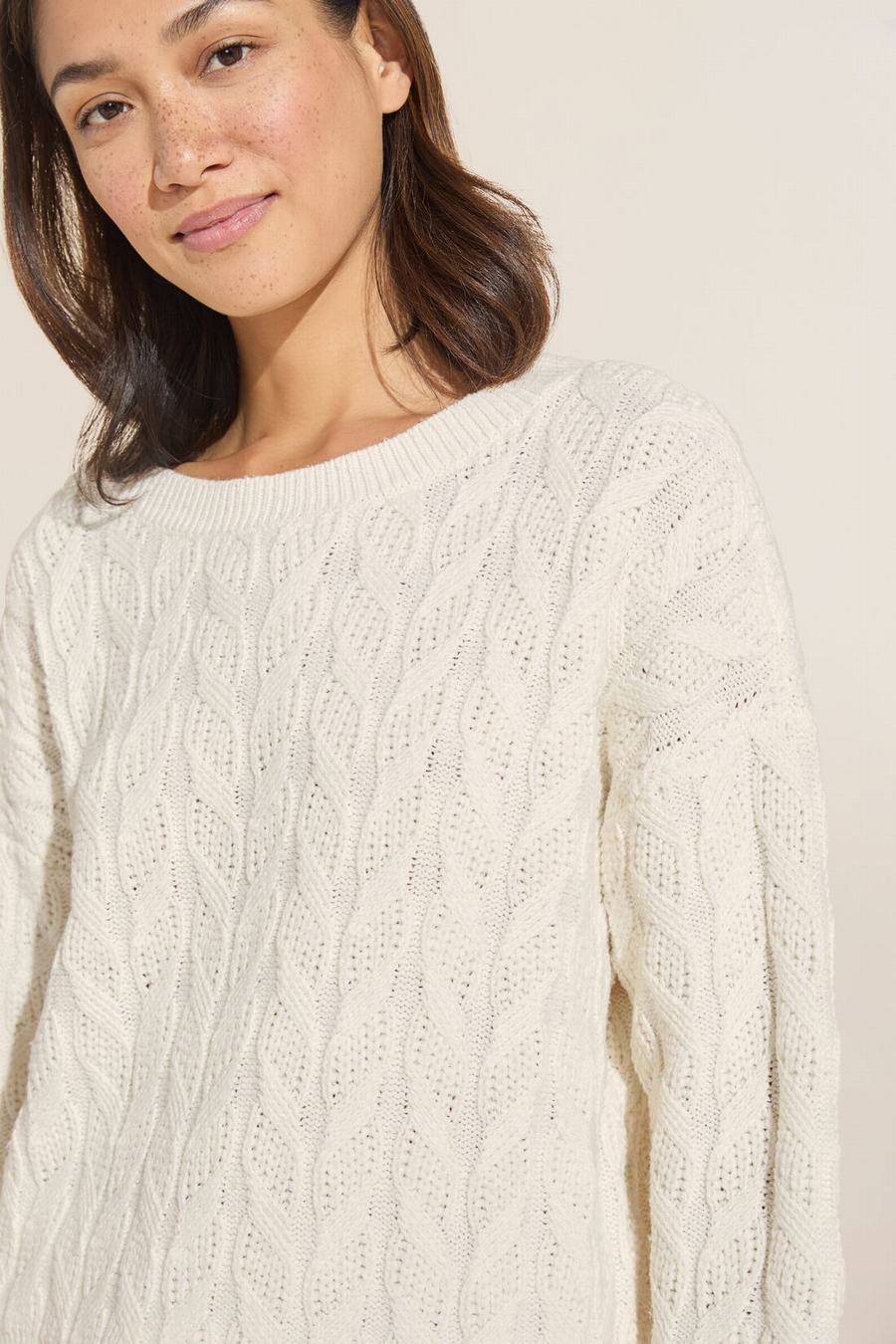 Women Eberjey Cable Knit Recycled Sweater Crewneck Cardigan White | OXX7262DU