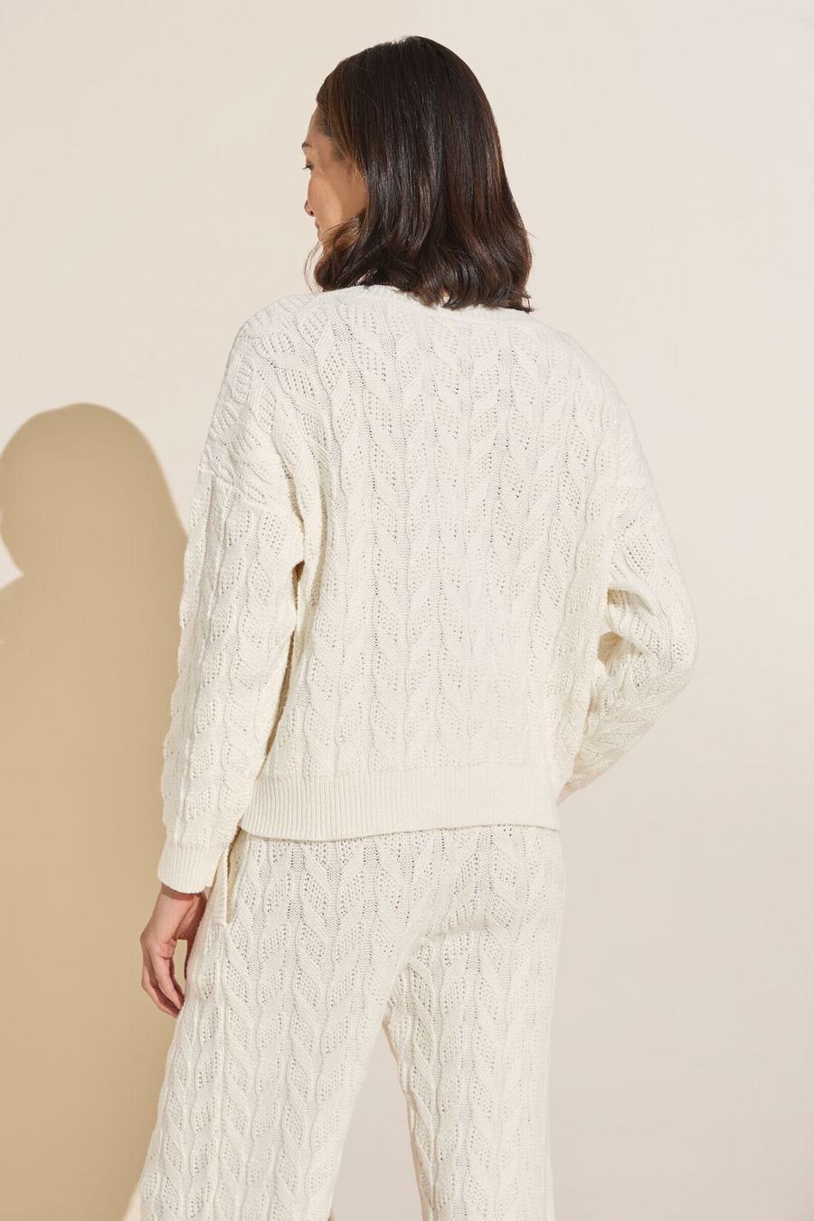 Women Eberjey Cable Knit Recycled Sweater Crewneck Cardigan White | OXX7262DU