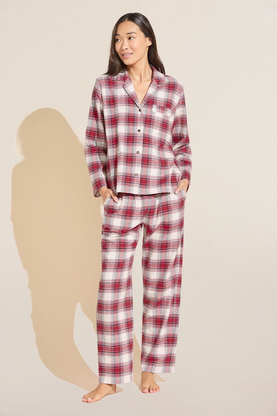 Women Eberjey Flannel Long PJ Set Pajamas Red White | YID5914FE