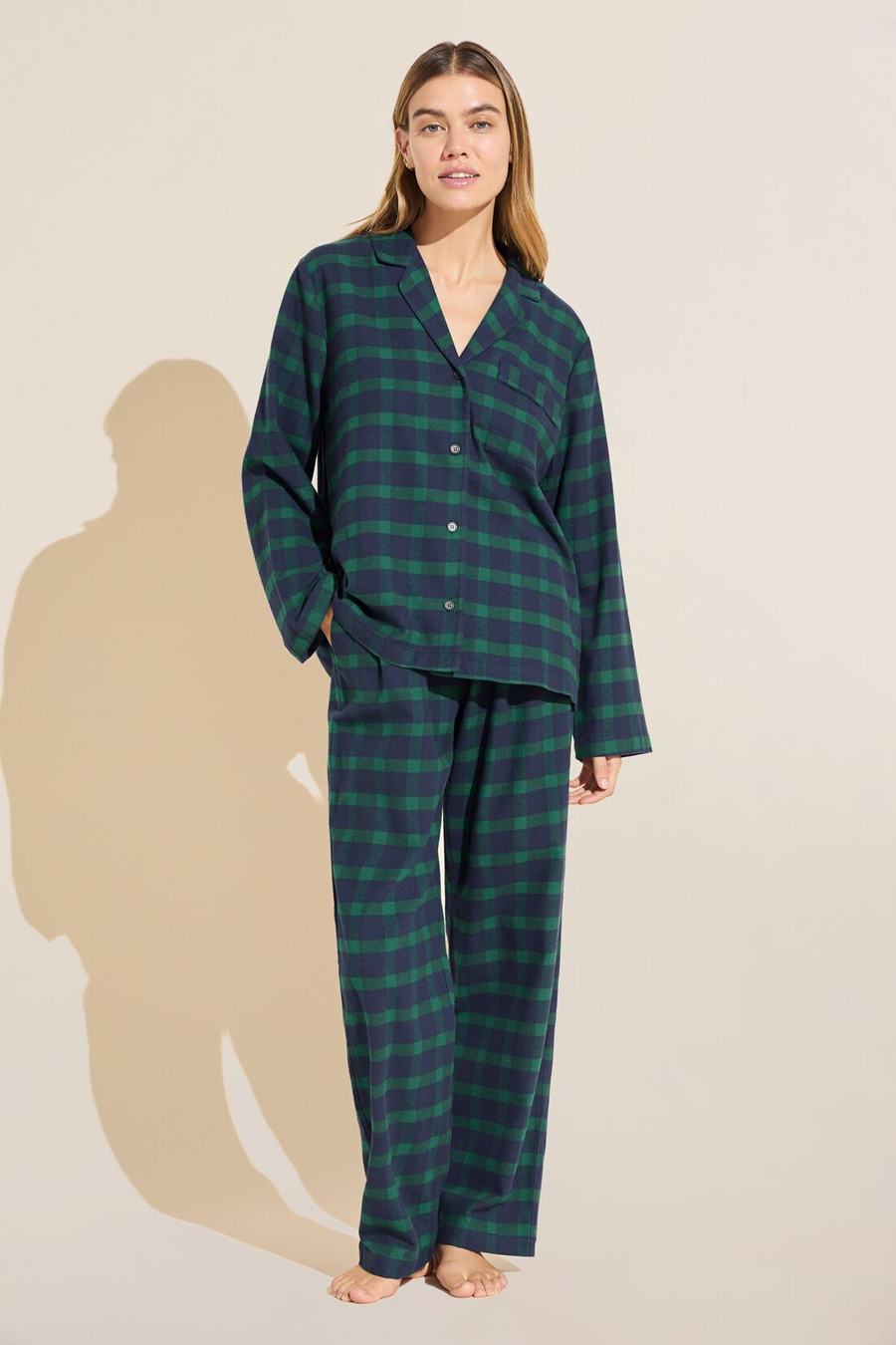 Women Eberjey Flannel Long PJ Set Pajamas Navy Green | QGM728XH