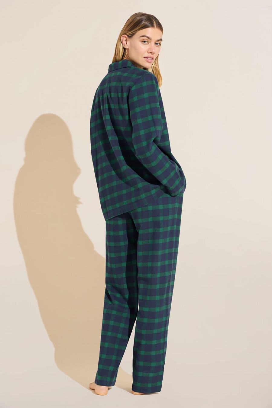 Women Eberjey Flannel Long PJ Set Pajamas Navy Green | QGM728XH