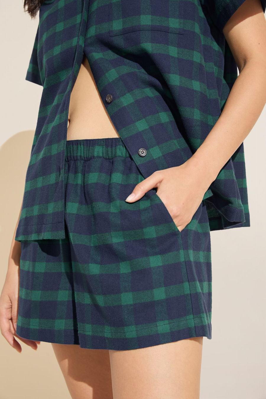 Women Eberjey Flannel Short PJ Set Pajamas Navy Green | KBN1496XN