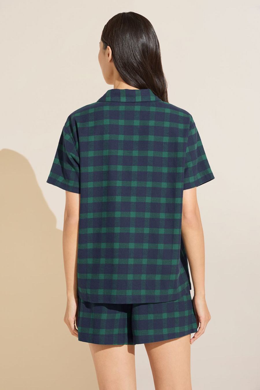 Women Eberjey Flannel Short PJ Set Pajamas Navy Green | KBN1496XN