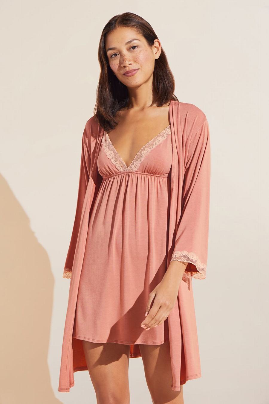 Women Eberjey Flora TENCEL™ Modal 3/4 Sleeve Robe Rose Pink | UPB6450YL