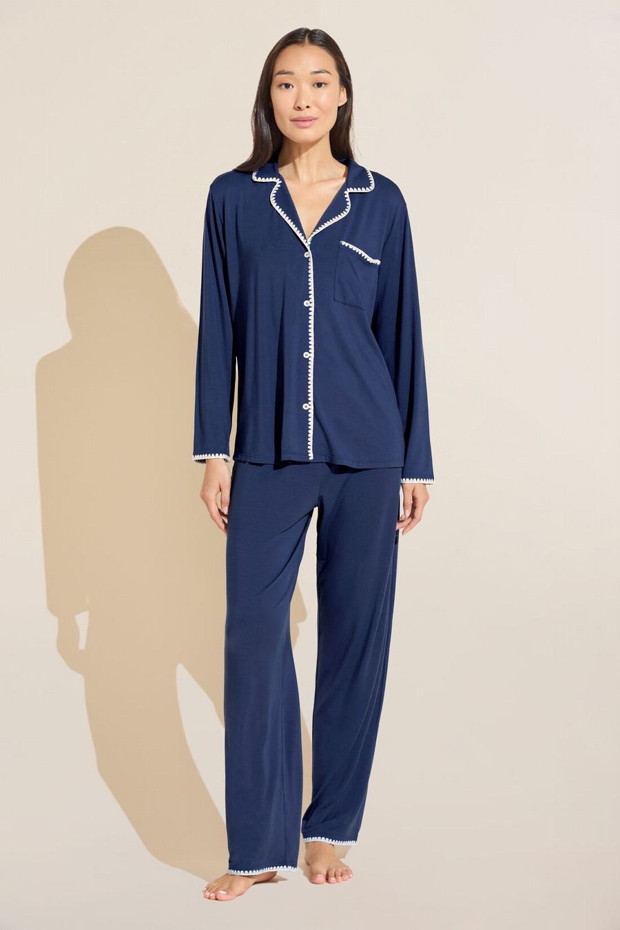 Women Eberjey Frida TENCEL™ Modal Long PJ Set Pajamas Navy White | CJL6191RV