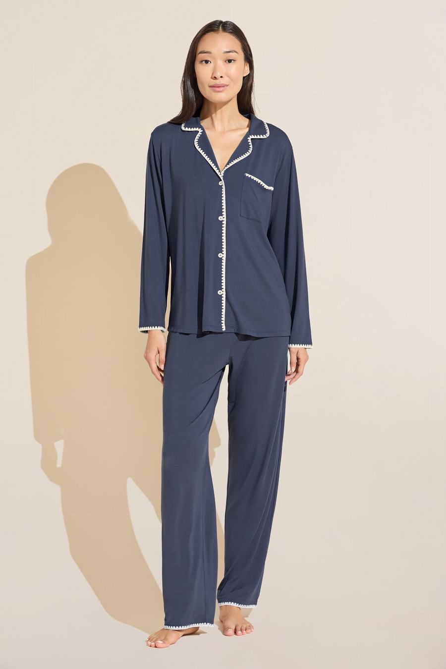 Women Eberjey Frida TENCEL™ Modal Long PJ Set Pajamas Blue White | YOB439HA