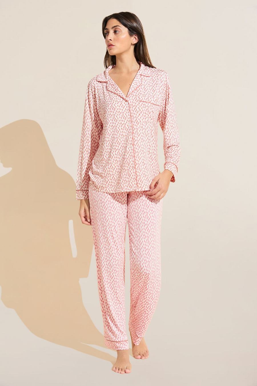 Women Eberjey Gisele Printed TENCEL™ Modal Long PJ Set Pajamas Dark Red Pink White | TZP2042BM