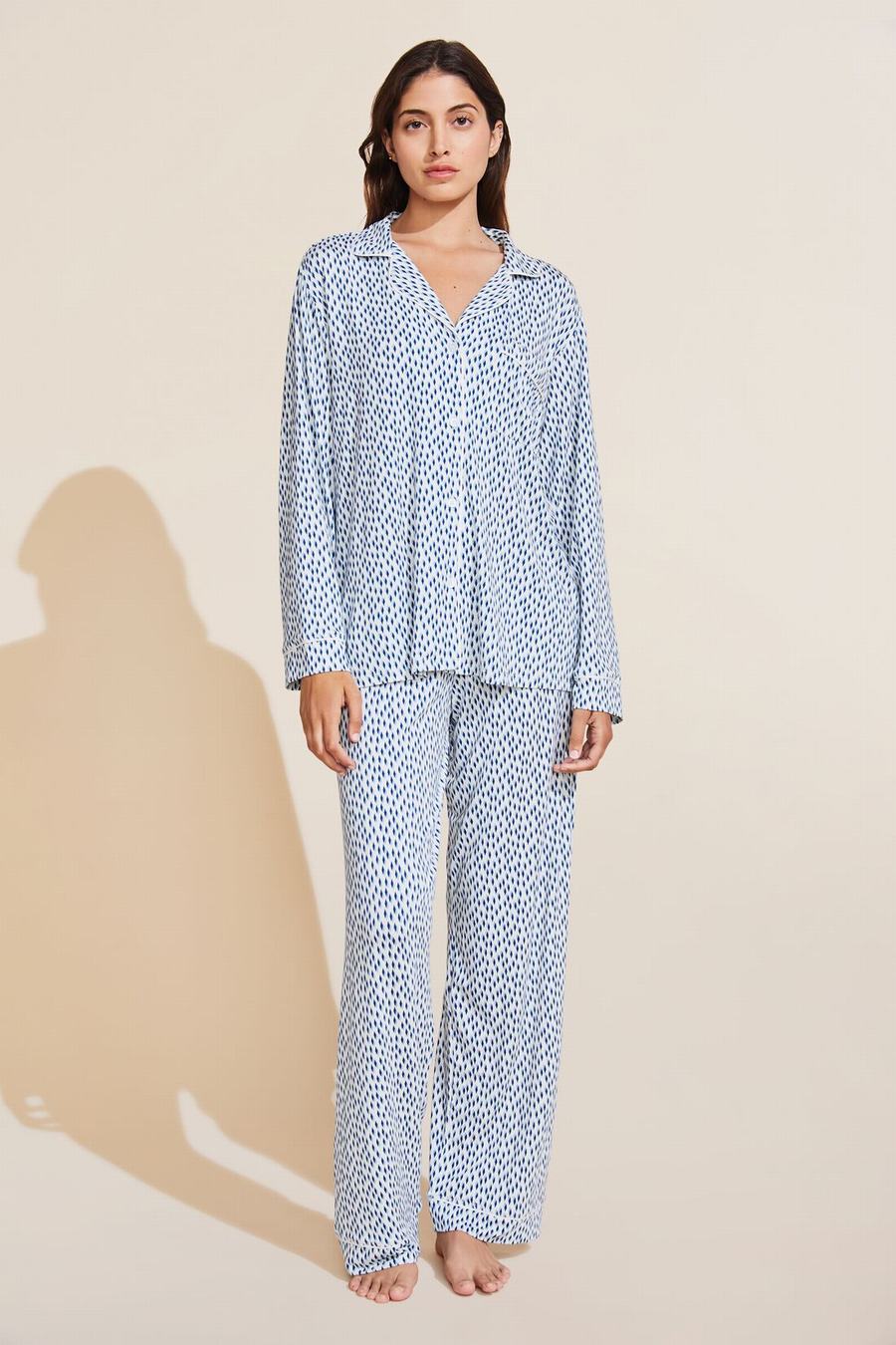 Women Eberjey Gisele Printed TENCEL™ Modal Long PJ Set Pajamas Blue White | WCP7786TR