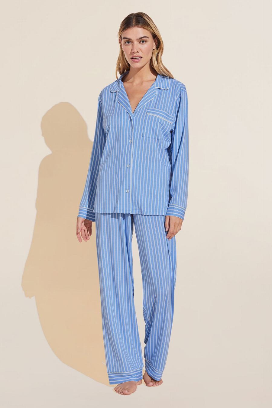 Women Eberjey Gisele Printed TENCEL™ Modal Long PJ Set Pajamas Blue White | MMI7966QY