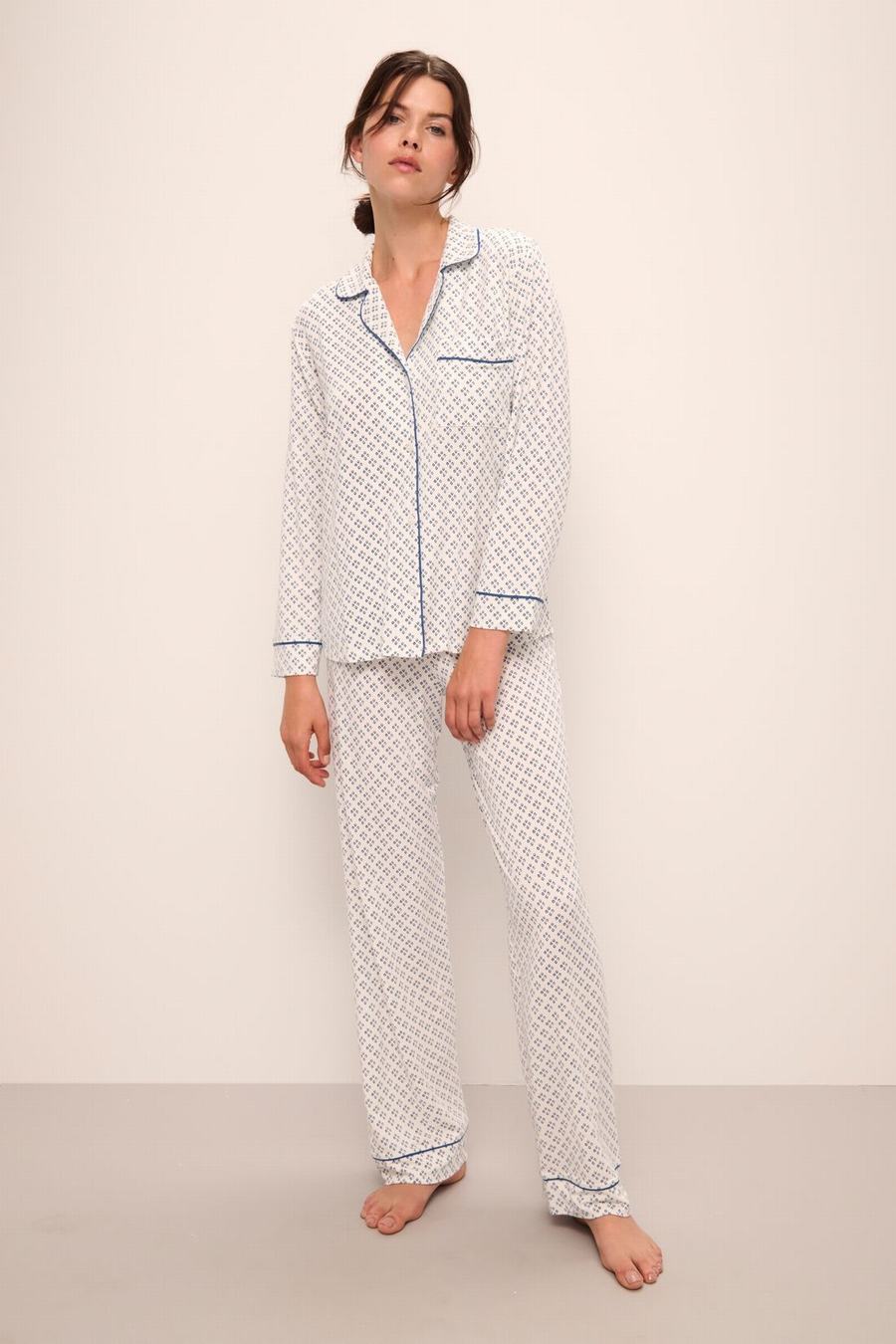 Women Eberjey Gisele Printed TENCEL™ Modal Long PJ Set Pajamas White Blue | IYH853AZ