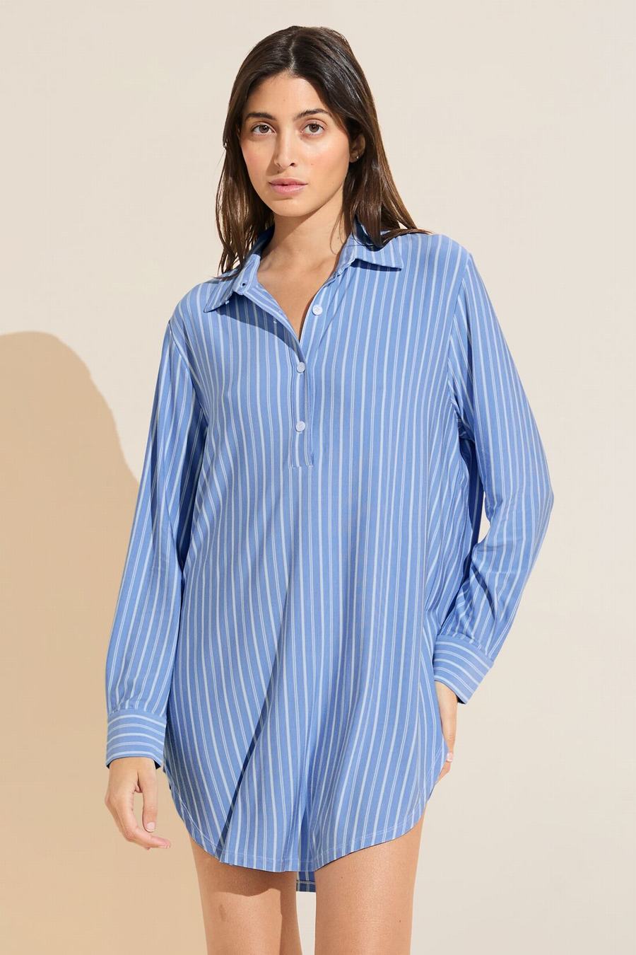 Women Eberjey Gisele Printed TENCEL™ Modal Boyfriend Sleepshirt Pajamas Blue White | CGS1475BV