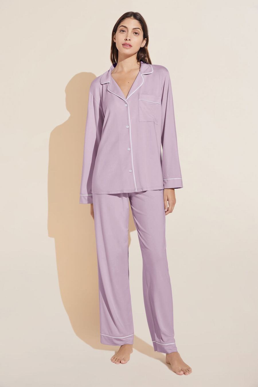 Women Eberjey Gisele TENCEL™ Modal Long PJ Set Pajamas Purple White | IWD120RV