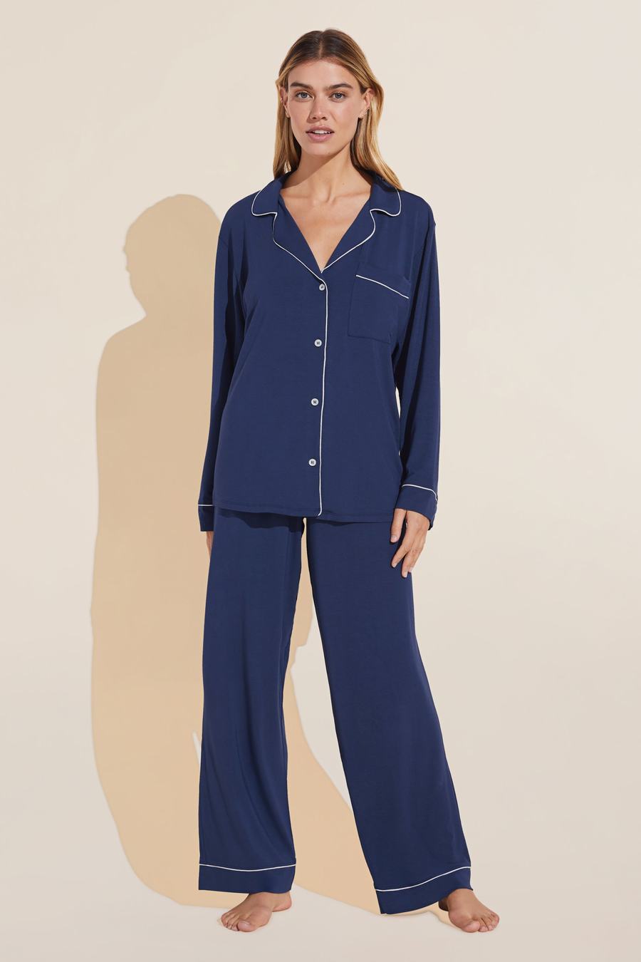 Women Eberjey Gisele TENCEL™ Modal Long PJ Set Pajamas Navy White | QPC1627ND